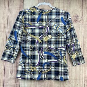 J McLaughlin Catalina Horsebit Equestrian Sz L Blue Tan Plaid 3/4 Slvs Top Shirt